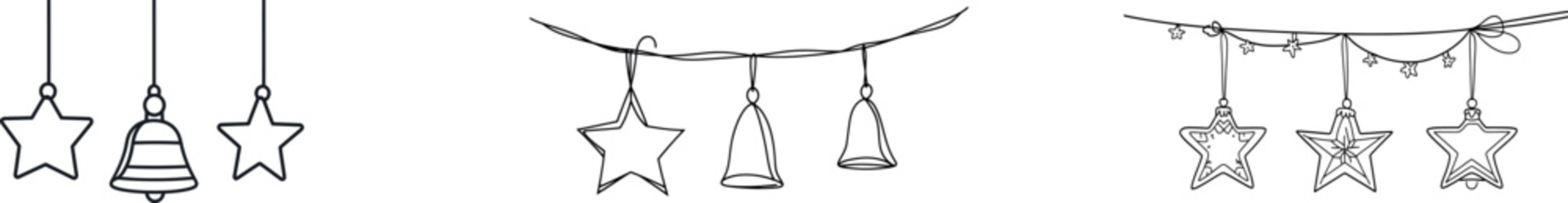 A minimalist and modern design featuring a continuous one-line drawing of Christmas symbols, including balls, gifts, stars, and bells, in a simple style