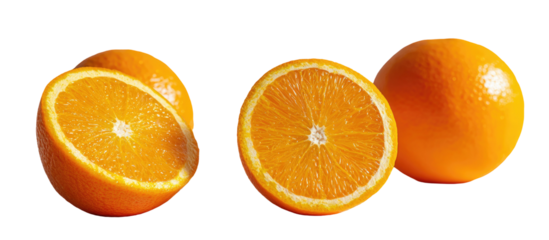 Three bright oranges, two halved, against a black background
