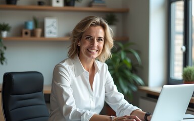 A portrait of happy smiling middle aged professional business woman, mature female manager executive leader looking at camera at workplace, working on laptop computer in office sitting at desk.