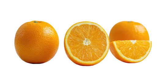 Three vibrant oranges, whole, halved, and sliced, against black