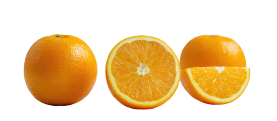 Three vibrant oranges, whole, halved, and sliced, against black