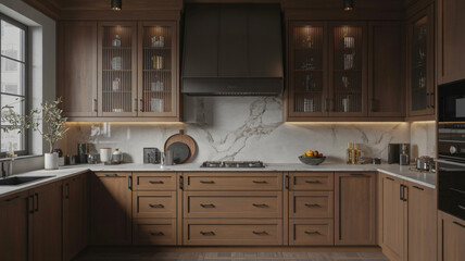 Stunning modern kitchen with wood cabinets and marble countertops for a warm and inviting home design inspiration