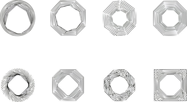 Abstract Geometric Op Art Vector Set, Concentric Octagon and Square Shapes, Minimalist Hypnotic Line Patterns, Rotating Texture and Logo Badge Elements