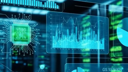 Futuristic digital interface displaying data analytics, charts, and a microchip in a server environment. - Powered by Adobe