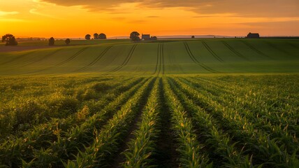 Golden hour sunset over a lush green agricultural field with rows of crops stretching towards the horizon