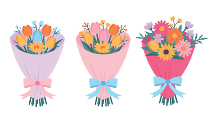Three colorful bouquets of flowers isolated on white background