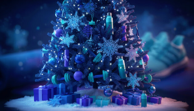 Fitness themed Christmas tree with various exercise equipment as ornaments. Holiday gift concept for health conscious individual. New year resolution. - Powered by Adobe