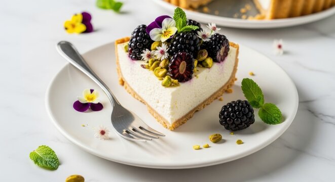A delicious slice of cheesecake topped with fresh blackberries, pistachios, and edible flowers, served on a white plate with a fork and mint leaves, showcasing a delightful dessert presentation