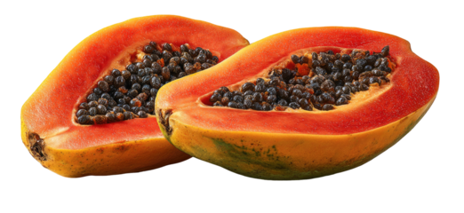 Vibrant halved papaya with seeds, isolated on black