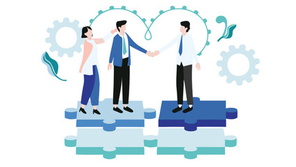 Diverse business partners collaborate by standing on interconnected puzzle pieces symbolizing teamwork strategy and problem solving in a professional setting