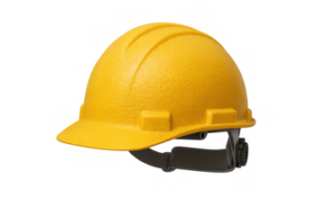 Yellow hard hat displaying essential head protection for construction, industrial work, and personal safety, on a transparent background