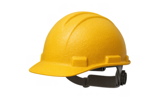 Yellow hard hat displaying essential head protection for construction, industrial work, and personal safety, on a transparent background