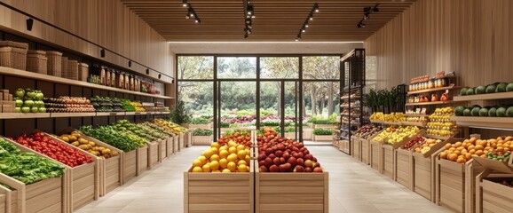 Modern supermarket interior with fresh fruits and vegetables displayed in wooden crates, creating a bright and inviting produce section with a garden view.