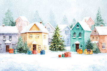Fototapeta premium Winter village scene with colorful houses, snow-covered landscape, and festive holiday decorations