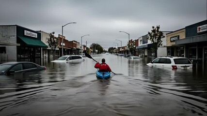 Man canoeing through a flooded urban street with submerged cars, showing an environmental disaster and climate change devastation video