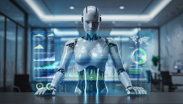 Futuristic AI: A sleek, advanced robot stands confidently in a modern office setting, surrounded by interactive holographic displays, representing the cutting edge of technology.