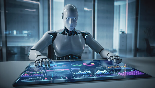 Futuristic Humanoid: A gleaming humanoid robot interacts with a sleek, interactive display, set against an environment exuding innovation and technological advancement.