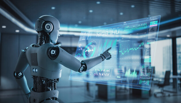 AI in Futuristic Office: A sleek and advanced AI robot, integrated seamlessly within a cutting-edge office environment, analyzes financial data on a holographic display.