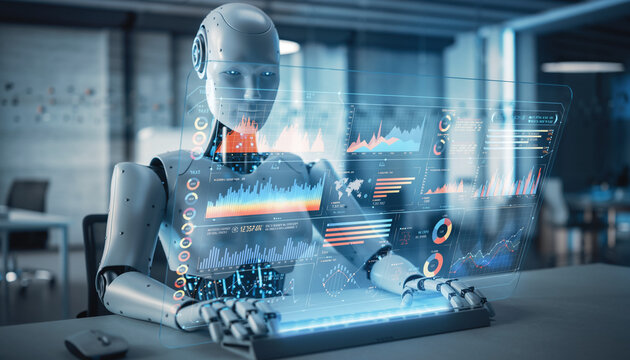Artificial Intelligence at Work: A futuristic humanoid robot analyzes data and interacts with an advanced interface in a modern office, symbolizing innovation and technological advancement.