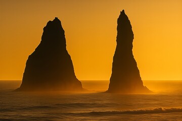 Twin sea stacks glowing in sunset mist