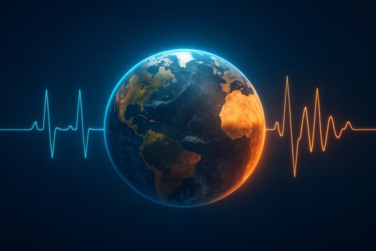 Earth globe with climate pulse heartbeat line on dark background