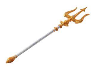 A gold trident with three sharp prongs and ornamental handle.