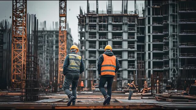 Construction workers in hard hats and safety vests oversee a large building project with cranes and scaffolding in the background