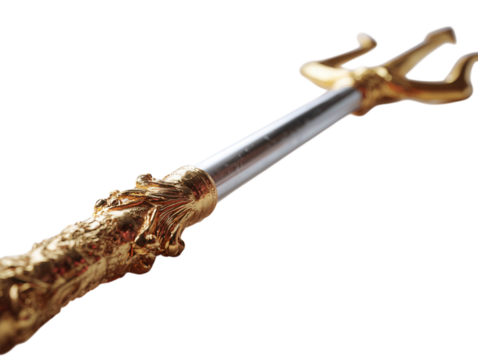 A gold trident with three sharp prongs and ornamental handle.