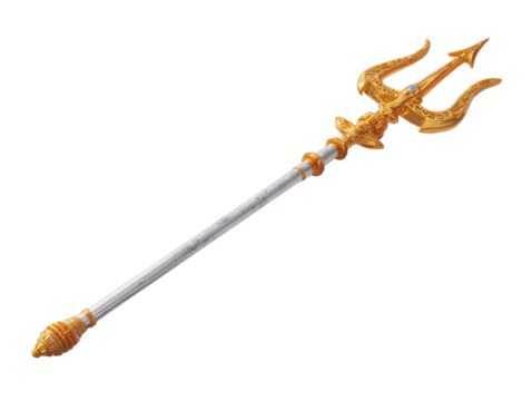 A gold trident with three sharp prongs and ornamental handle.