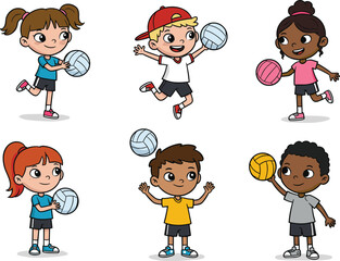 Cartoon children playing volleyball diverse kids holding colorful balls sports activity illustration teamwork fun characters vector design for stock content