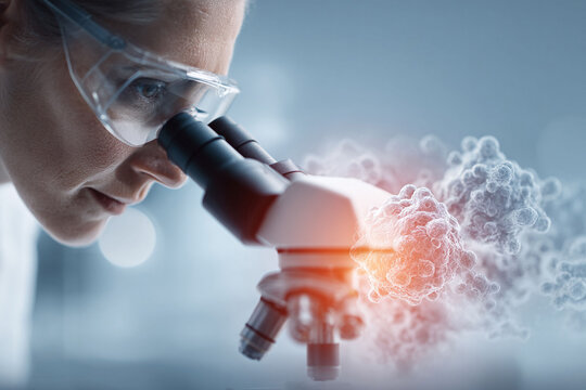 Focused scientist using a microscope, researching cells. Represents discovery, innovation, and medical progress. Ideal for science, research, and health related content.