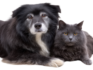 Dog and cat lying together, looking sideways.