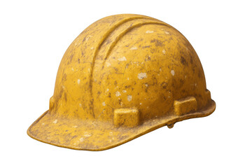 Yellow dirty hard hat showing protective construction worker gear, safety helmet on transparent background