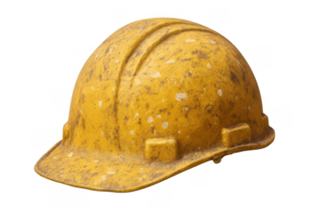 Yellow dirty hard hat showing protective construction worker gear, safety helmet on transparent background