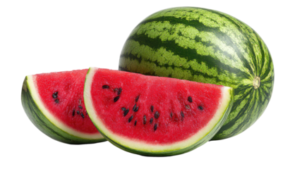 Vibrant red watermelon slices with seeds against a whole fruit