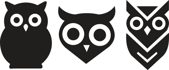Set of three stylized black and white vector owl illustrations.