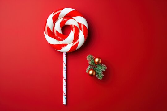 top view striking red and white spiral lollipop rests beside small Christmas ornaments and a sprig of evergreen. This scene evokes festive spirit perfect for holiday celebrations or seasonal events