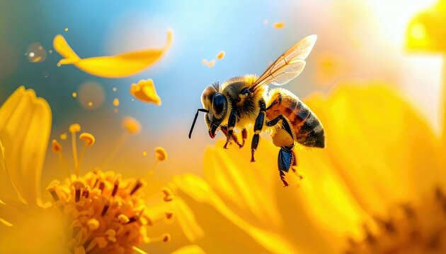 A bee is captured in mid-flight, its wings blurred with motion, surrounded by vibrant yellow flowers and floating petals.