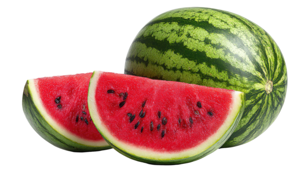 Vibrant red watermelon slices with seeds against a whole fruit