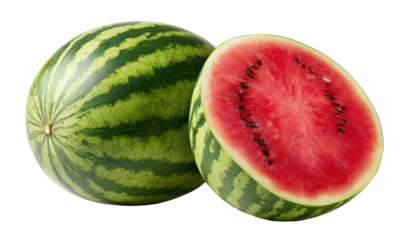 Fresh whole watermelon next to a bright red, juicy, sliced half