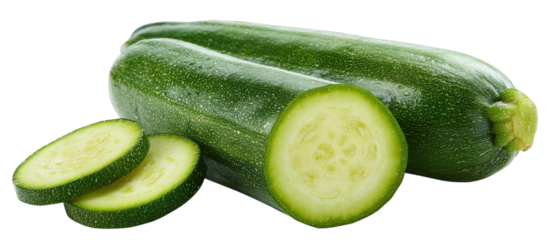 Two whole and two sliced zucchini on a black background