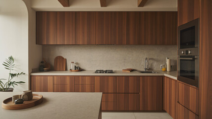 Modern kitchen design with natural wood cabinetry showcases a warm and inviting culinary space for family gatherings