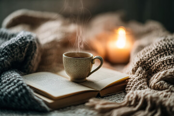 Warm cup of tea on an open book surrounded by cozy knitted blankets and soft candlelight