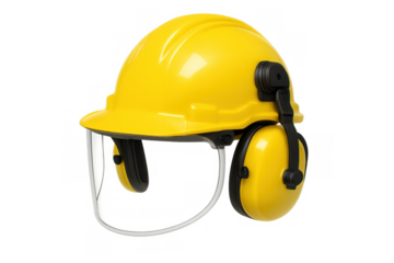 Yellow hard hat with integrated face shield and hearing protection for workplace safety on construction sites and industrial settings