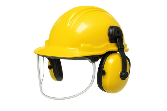 Yellow hard hat with integrated face shield and hearing protection for workplace safety on construction sites and industrial settings