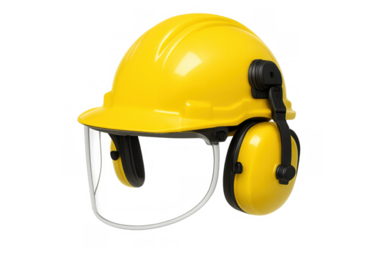 Yellow hard hat with integrated face shield and hearing protection for workplace safety on construction sites and industrial settings