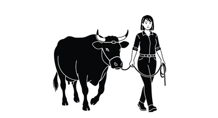 Farmer proudly leads prize cow for show or sale in clean graphic style