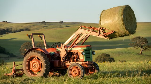 Vintage tractor with front loader lifting a large round hay bale in a green grassy field during golden hour - Powered by Adobe