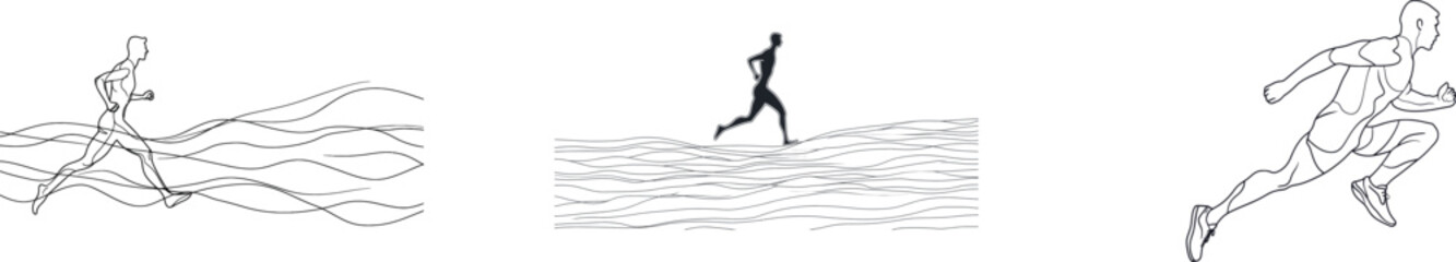 Continuous line art illustrates a person engaged in running during a marathon or sprint, characterized as a champion player who performs jogging exercises, all presented in a modern minimalist visual