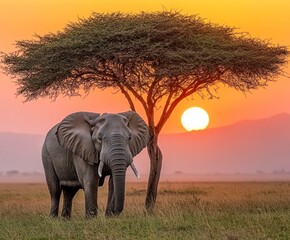 Grand African elephant standing beside an acacia tree during a vibrant golden and orange sunset in the savanna.